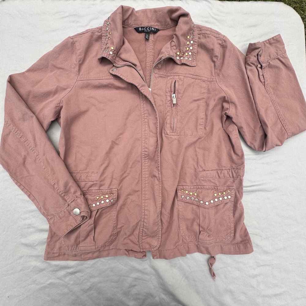 Baccini Studded Utility Jacket Size Medium Mauve Pink Cotton Rayon Full Zip